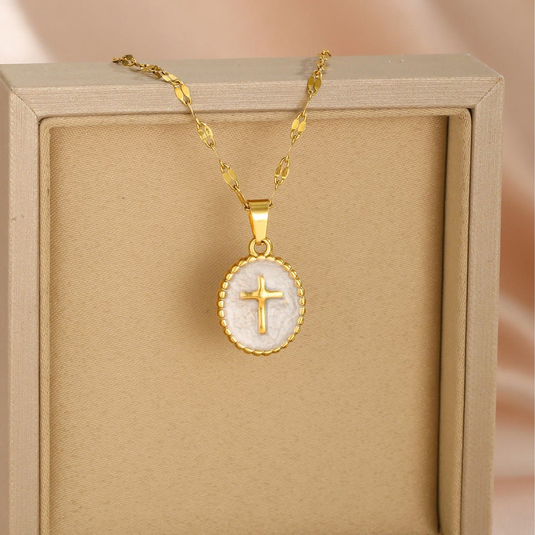 Christianartworkshop Textured Bezel Enamel Cross Oval Necklace: Symbol of Calm Celestial Serenity - image 4
