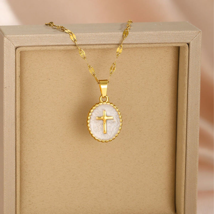 Christianartworkshop Textured Bezel Enamel Cross Oval Necklace: Symbol of Calm Celestial Serenity - image 4