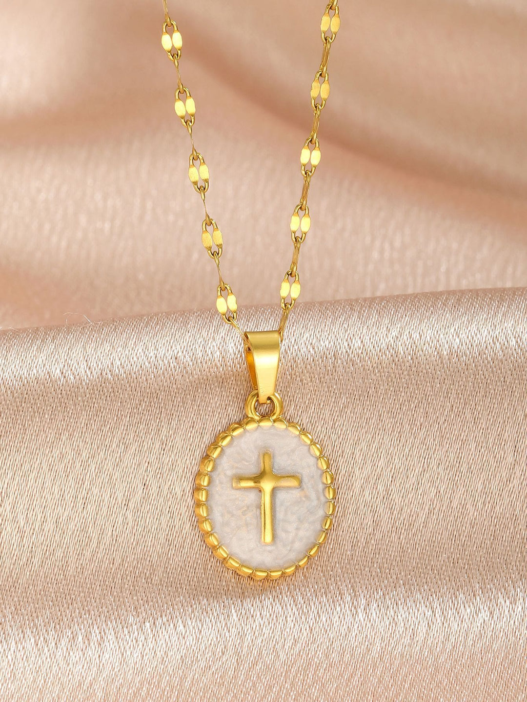 Christianartworkshop Textured Bezel Enamel Cross Oval Necklace: Symbol of Calm Celestial Serenity - image 3