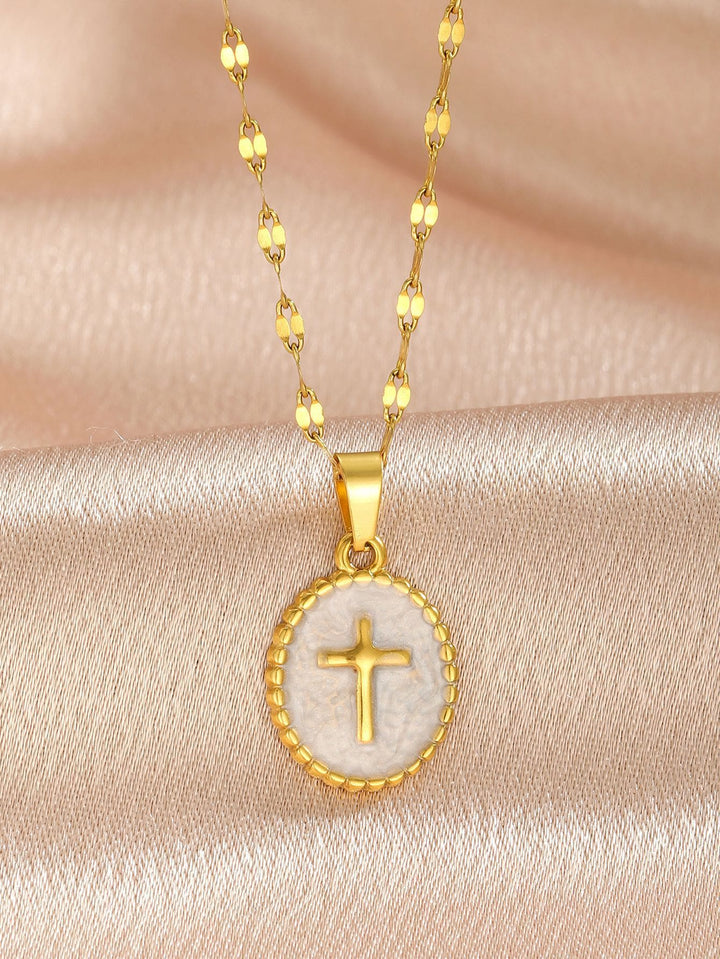 Christianartworkshop Textured Bezel Enamel Cross Oval Necklace: Symbol of Calm Celestial Serenity - image 3