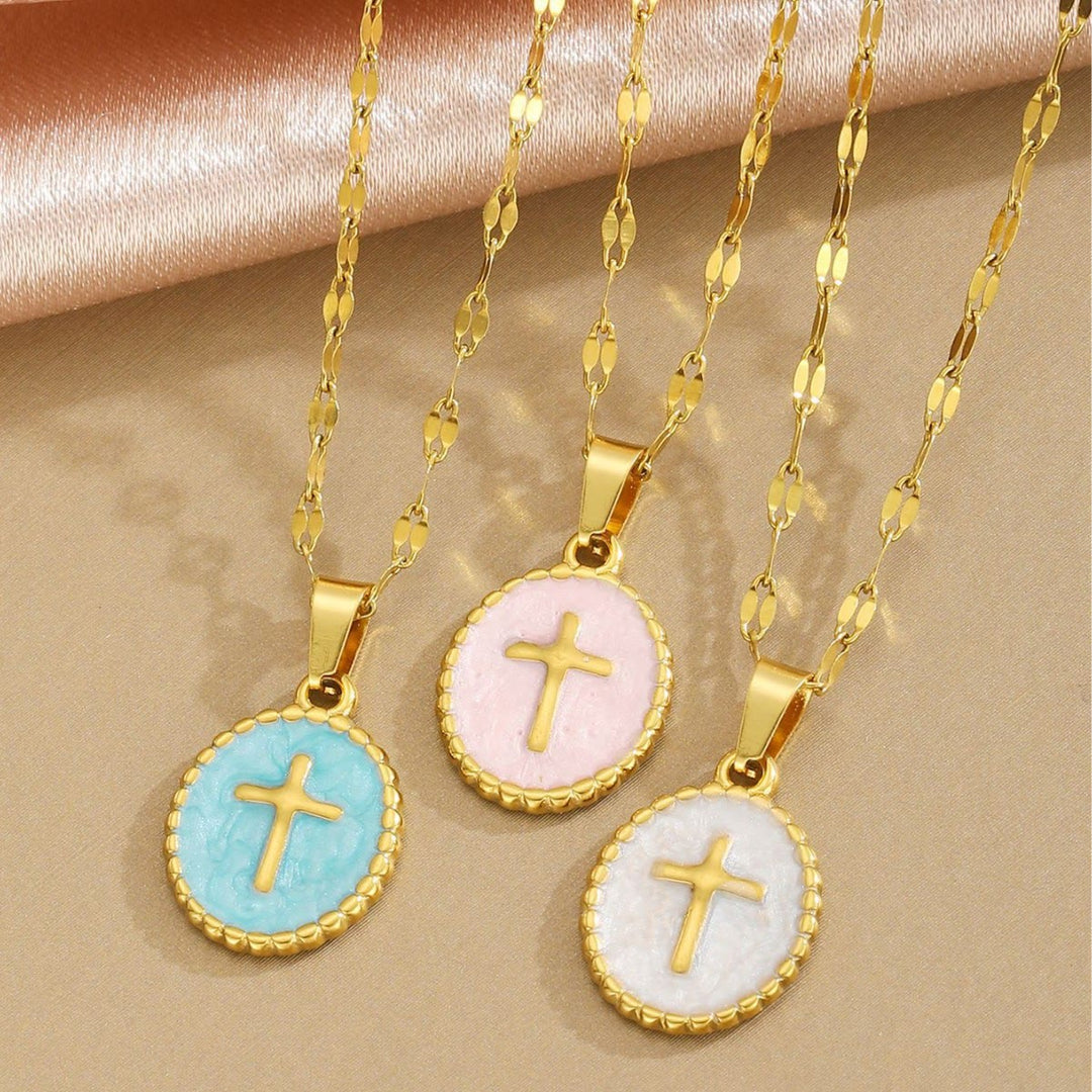 FREE Today: Textured Bezel Enamel Cross Oval Necklace: Symbol of Calm Celestial Serenity - image 0