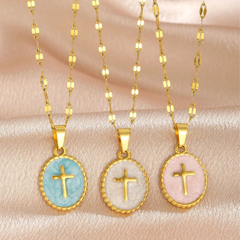 FREE Today: Textured Bezel Enamel Cross Oval Necklace: Symbol of Calm Celestial Serenity - image 1