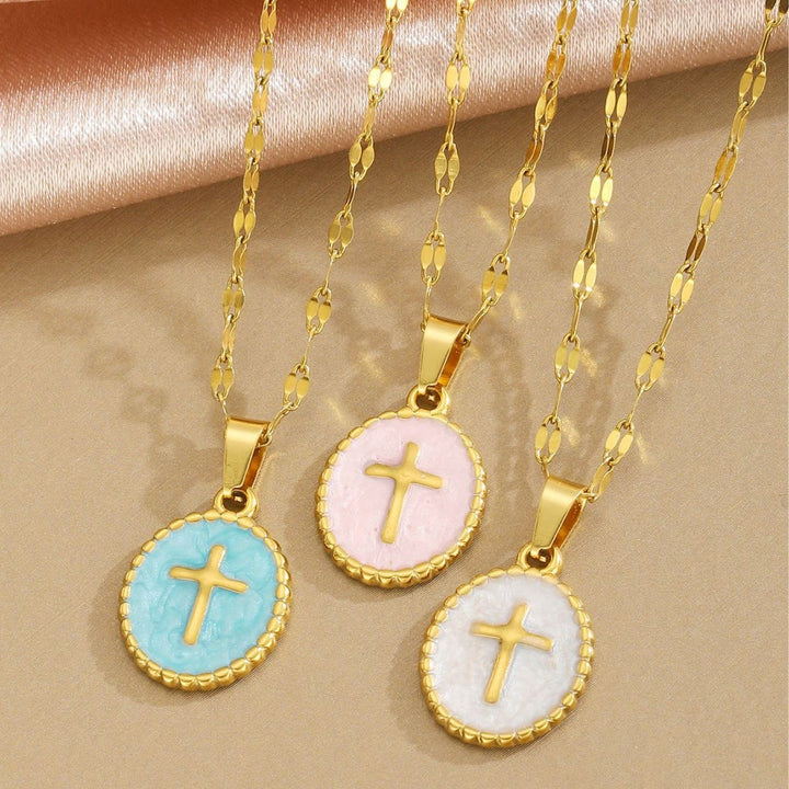 Christianartworkshop Textured Bezel Enamel Cross Oval Necklace: Symbol of Calm Celestial Serenity - image 1