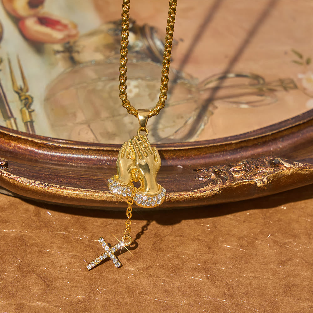 Christianartworkshop Crystal‑Trimmed Praying Hands Cross Necklace: Symbol of Celestial Peace - Golden - image 4