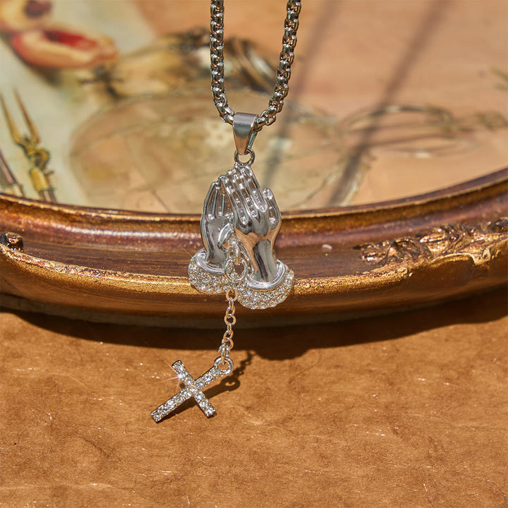 FREE Today: Crystal‑Trimmed Praying Hands Cross Necklace: Symbol of Celestial Peace - image 2