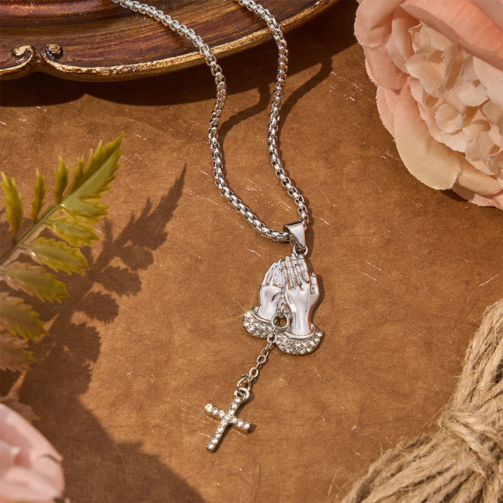 FREE Today: Crystal‑Trimmed Praying Hands Cross Necklace: Symbol of Celestial Peace - image 3
