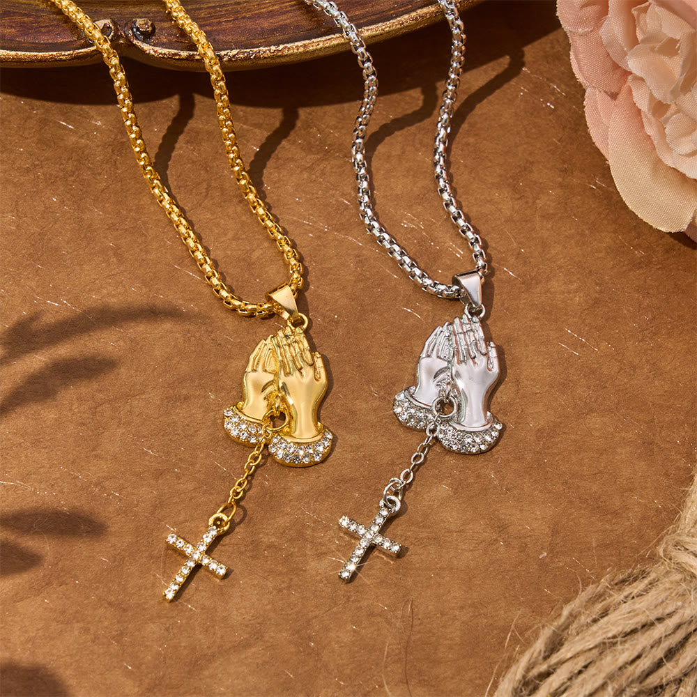 FREE Today: Crystal‑Trimmed Praying Hands Cross Necklace: Symbol of Celestial Peace - image 1