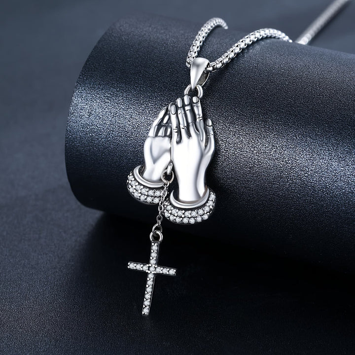 Christianartworkshop Crystal‑Trimmed Praying Hands Cross Necklace: Symbol of Celestial Peace - Silver - image 0