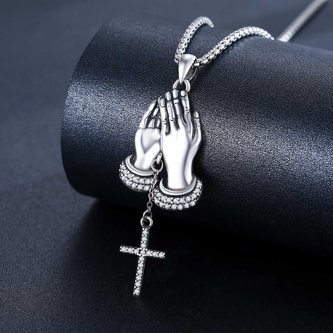FREE Today: Crystal‑Trimmed Praying Hands Cross Necklace: Symbol of Celestial Peace - Silver - image 0