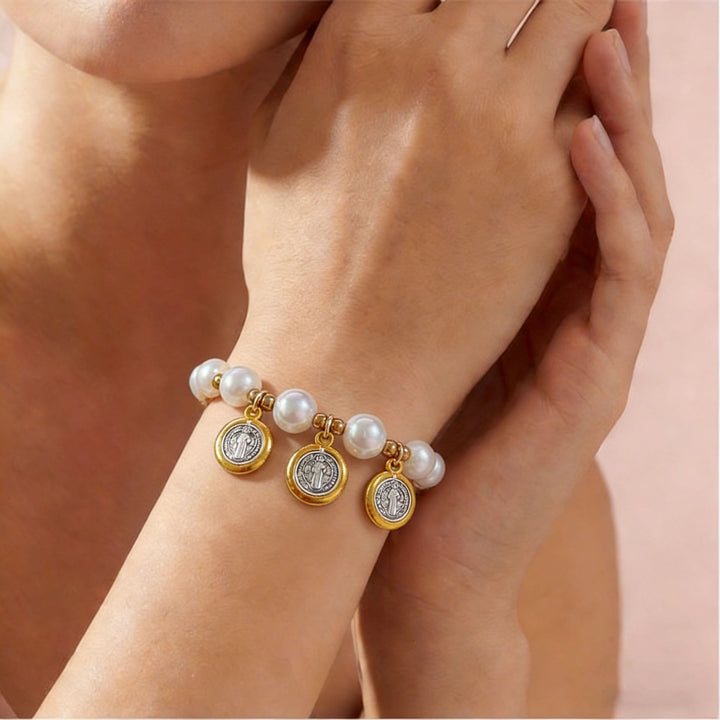 Christianartworkshop Knotted Cord Pearl Bracelet With St. Benedict Charms: Symbol of Celestial Blessing - image 1