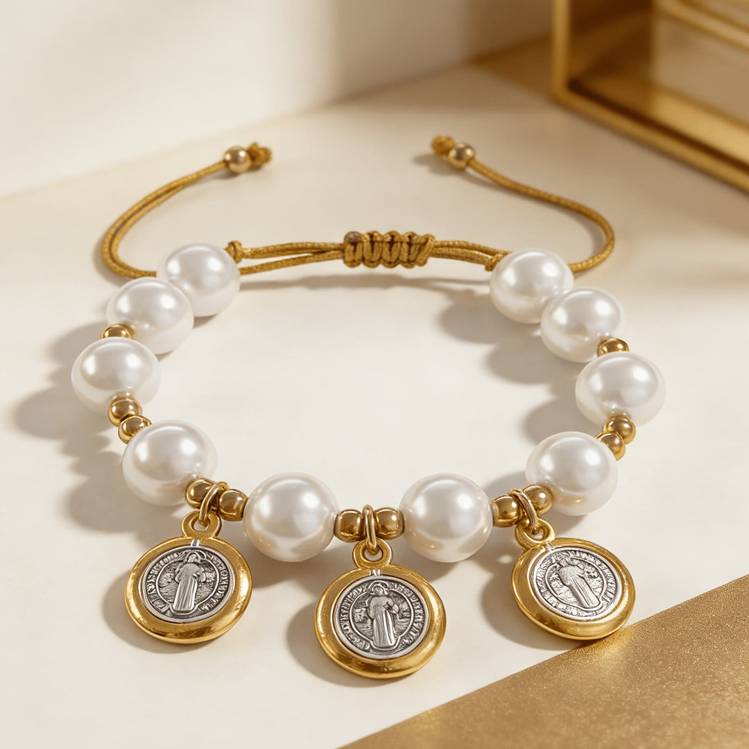 Christianartworkshop Knotted Cord Pearl Bracelet With St. Benedict Charms: Symbol of Celestial Blessing - St. Benedict - image 0
