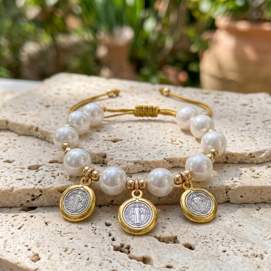 Christianartworkshop Knotted Cord Pearl Bracelet With St. Benedict Charms: Symbol of Celestial Blessing - image 3