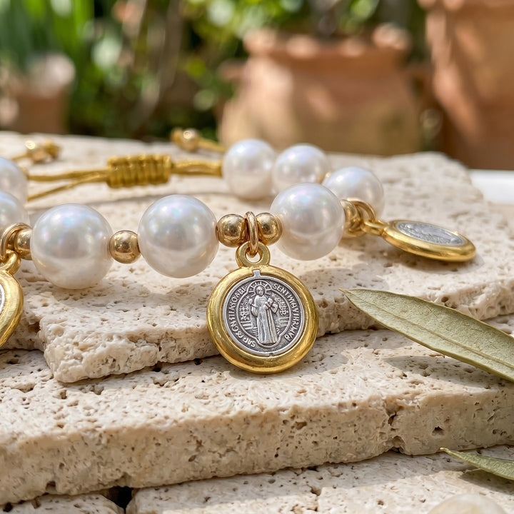 Christianartworkshop Knotted Cord Pearl Bracelet With St. Benedict Charms: Symbol of Celestial Blessing - image 4