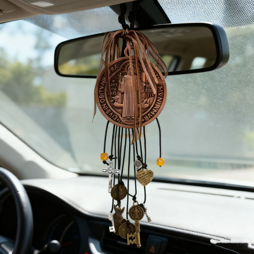 Christianartworkshop Vintage Tone St. Benedict Car Pendant: Token of Sincere Piety - Brown - image 0