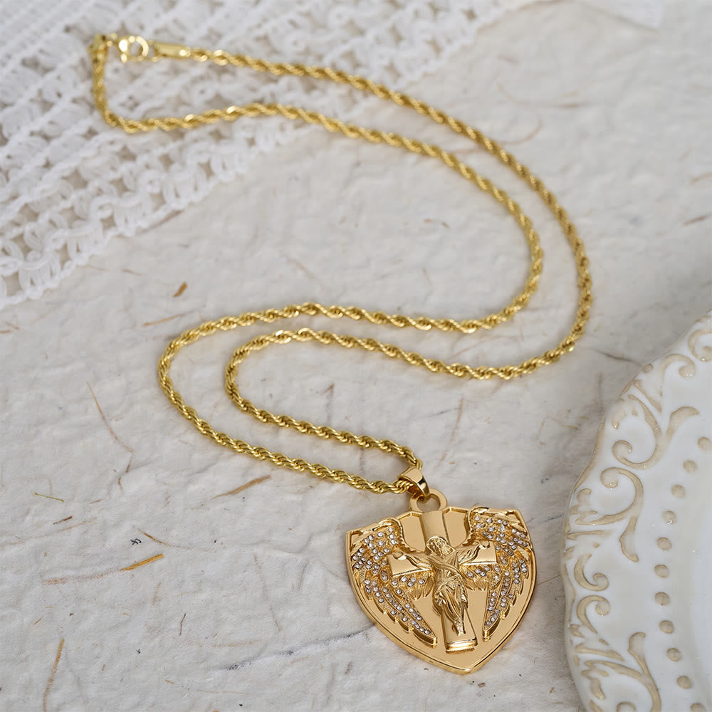 Christianartworkshop Sparkling Stone Shield Crucifix Pendant Necklace: Token of Divine Comfort - image 2