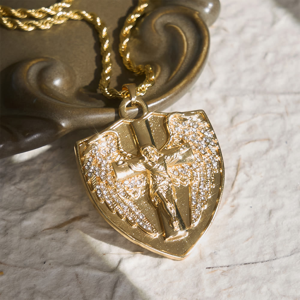 FREE Today: Sparkling Stone Shield Crucifix Pendant Necklace: Token of Divine Comfort - Golden - image 0