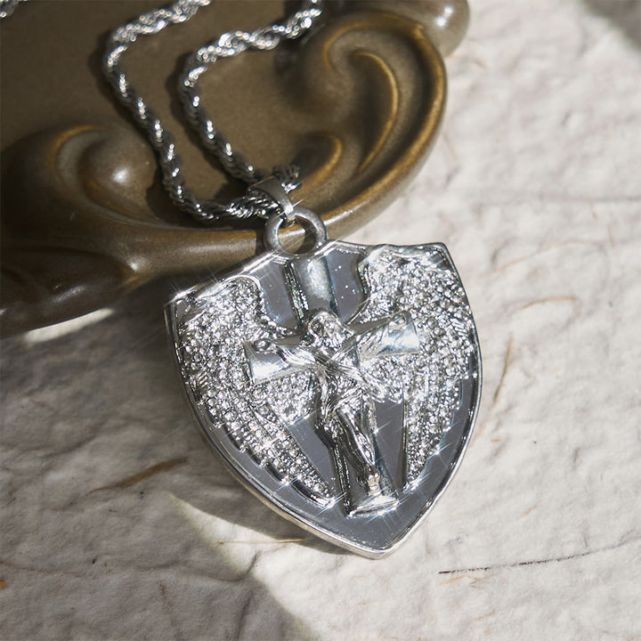 FREE Today: Sparkling Stone Shield Crucifix Pendant Necklace: Token of Divine Comfort - Silver - image 3