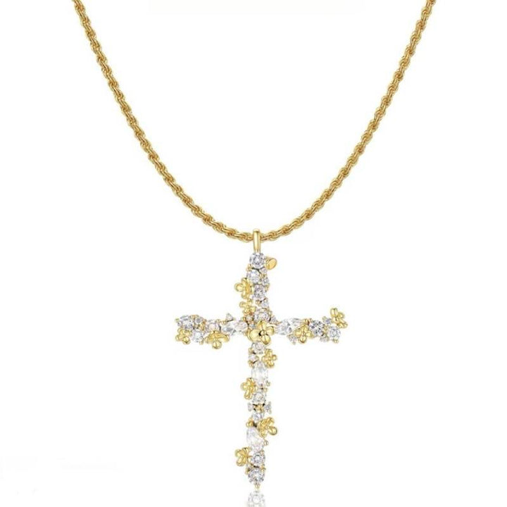 Christianartworkshop Ornate Crystal Floral Cross Pendant Necklace: Token of Divine Shelter - Golden - image 0