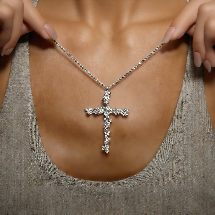 Christianartworkshop Ornate Crystal Floral Cross Pendant Necklace: Token of Divine Shelter - Silver - image 6
