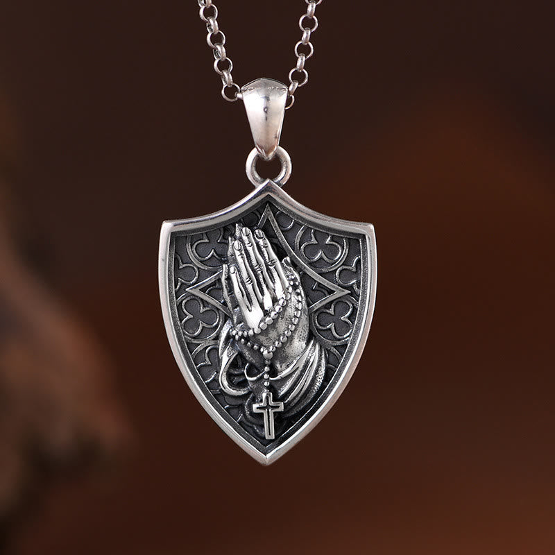 Christianartworkshop Antiqued Relief Praying Hands Shield Statement Necklace: Token of Sincere Piety - praying hands - image 0