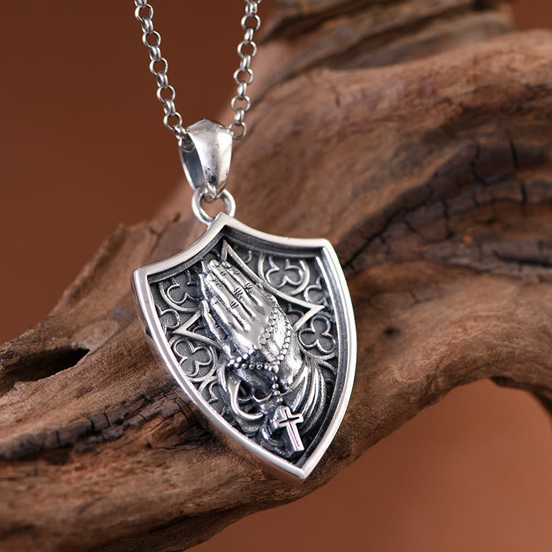 Christianartworkshop Antiqued Relief Praying Hands Shield Statement Necklace: Token of Sincere Piety - image 1