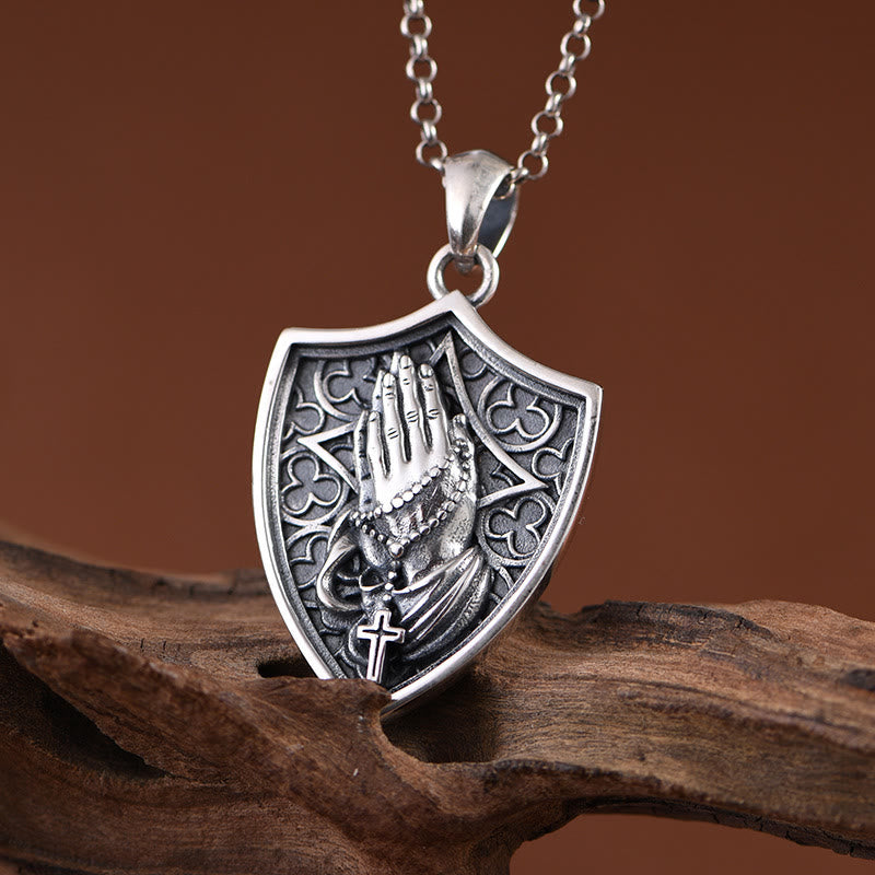 Christianartworkshop Antiqued Relief Praying Hands Shield Statement Necklace: Token of Sincere Piety - image 2