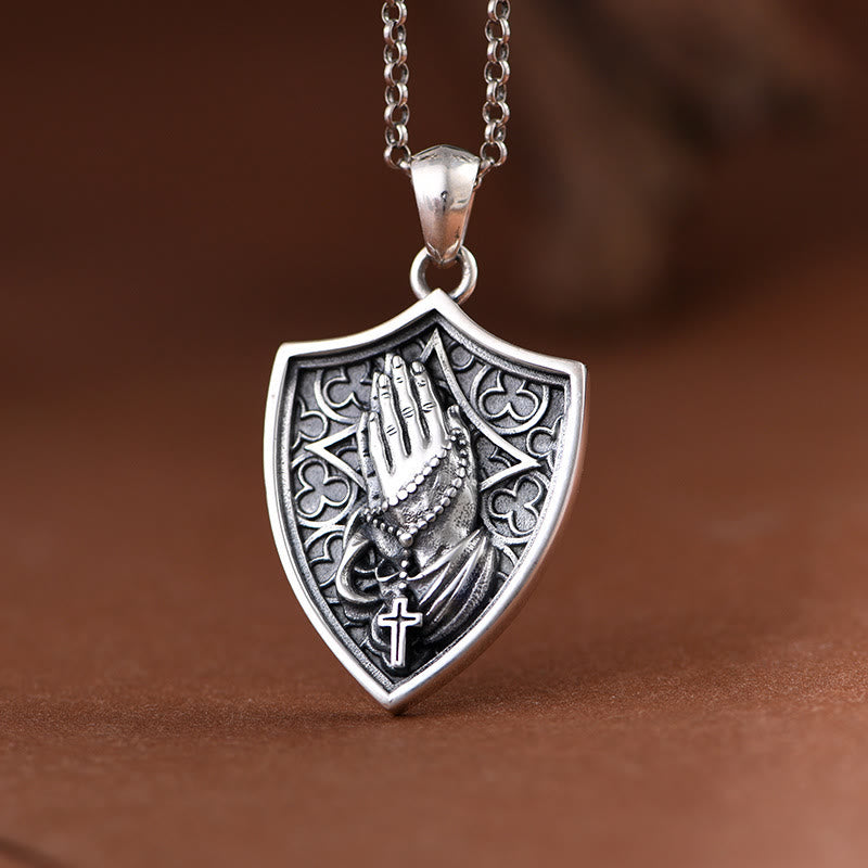 Christianartworkshop Antiqued Relief Praying Hands Shield Statement Necklace: Token of Sincere Piety - image 3