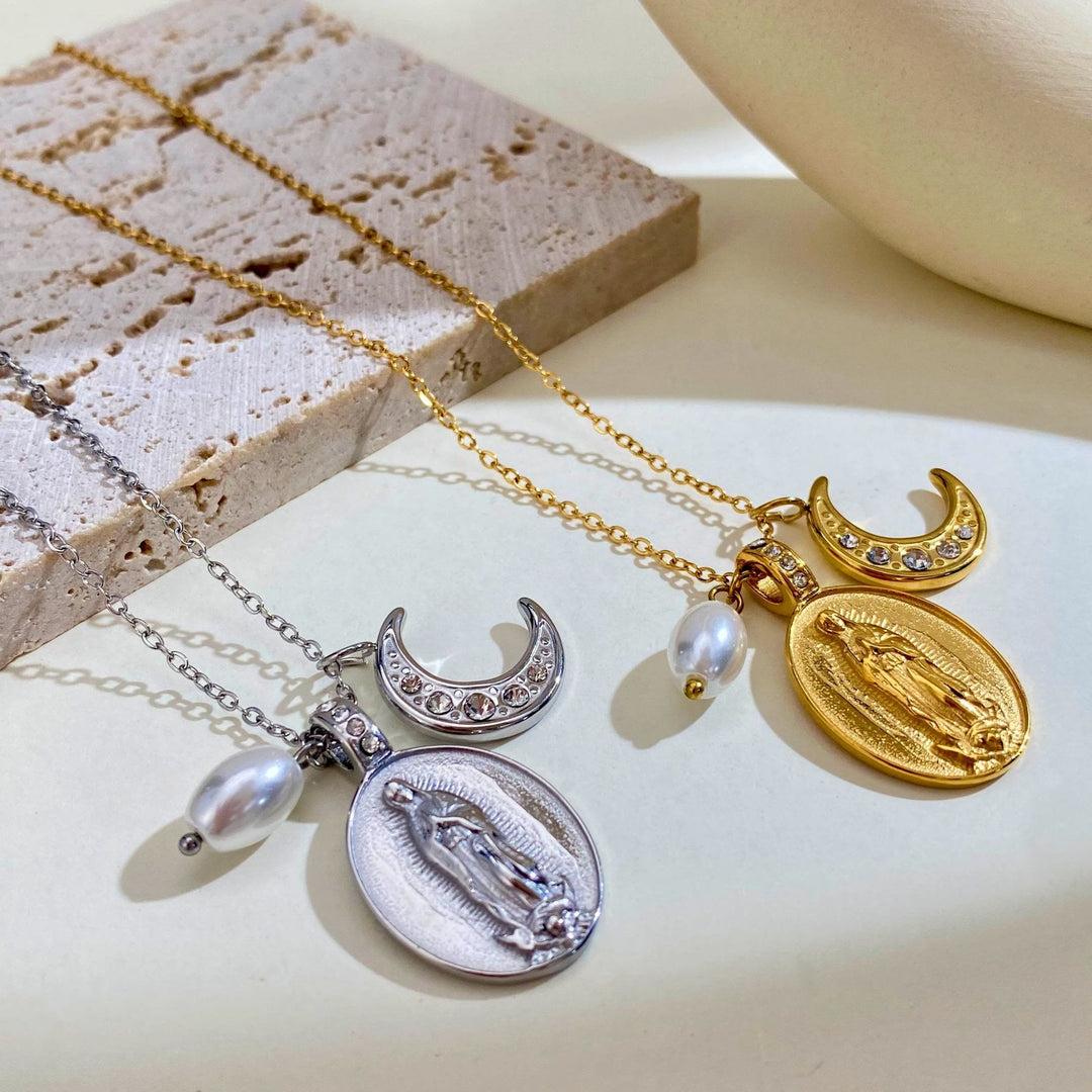 Christianartworkshop Daily‑Wear Our Lady Medal Crescent Moon Pearl Necklace: Sign of Heavenly Guardianship - image 1