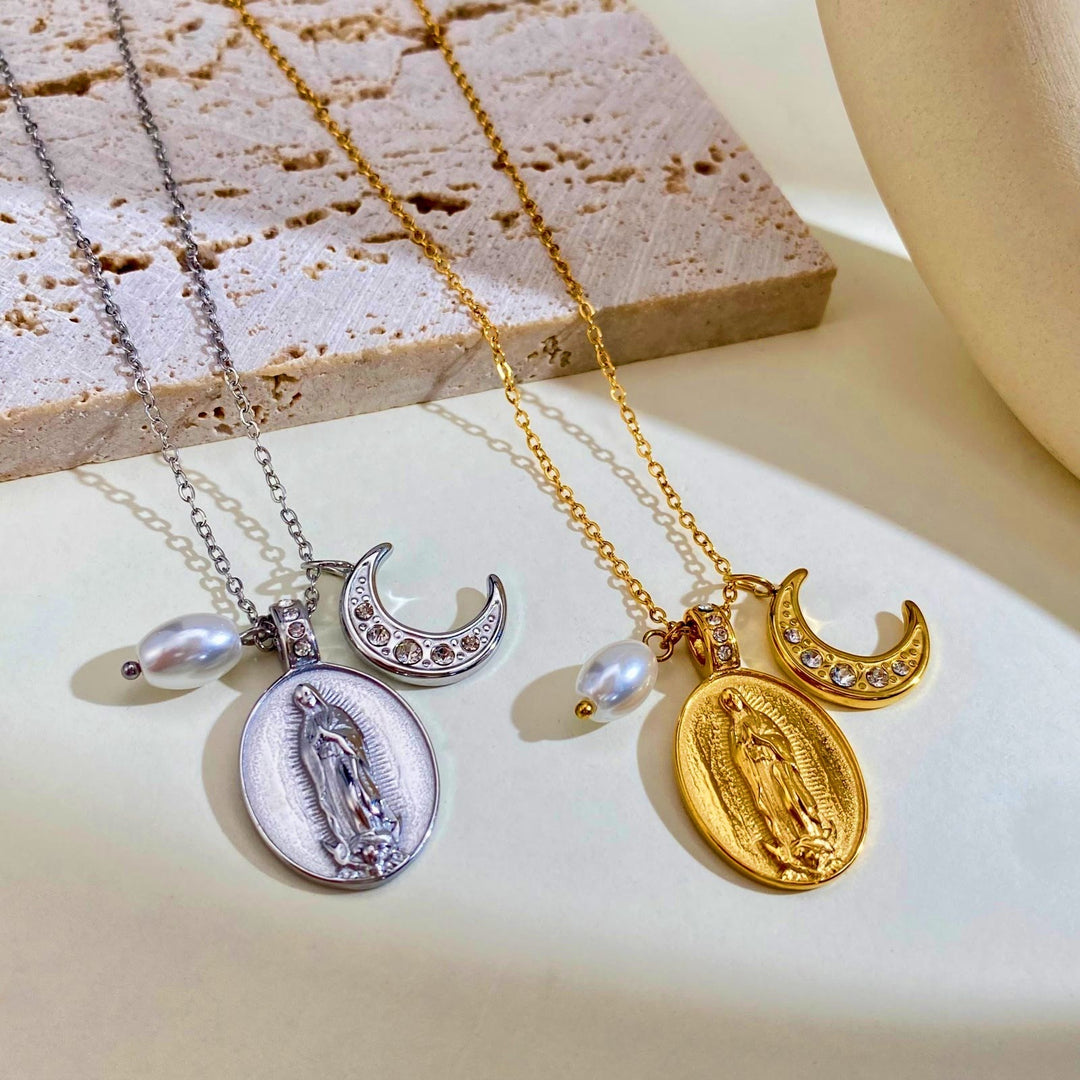 Christianartworkshop Daily‑Wear Our Lady Medal Crescent Moon Pearl Necklace: Sign of Heavenly Guardianship - image 0