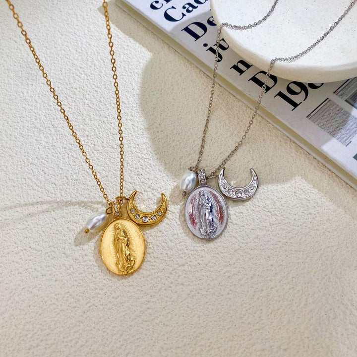 Christianartworkshop Daily‑Wear Our Lady Medal Crescent Moon Pearl Necklace: Sign of Heavenly Guardianship - image 2