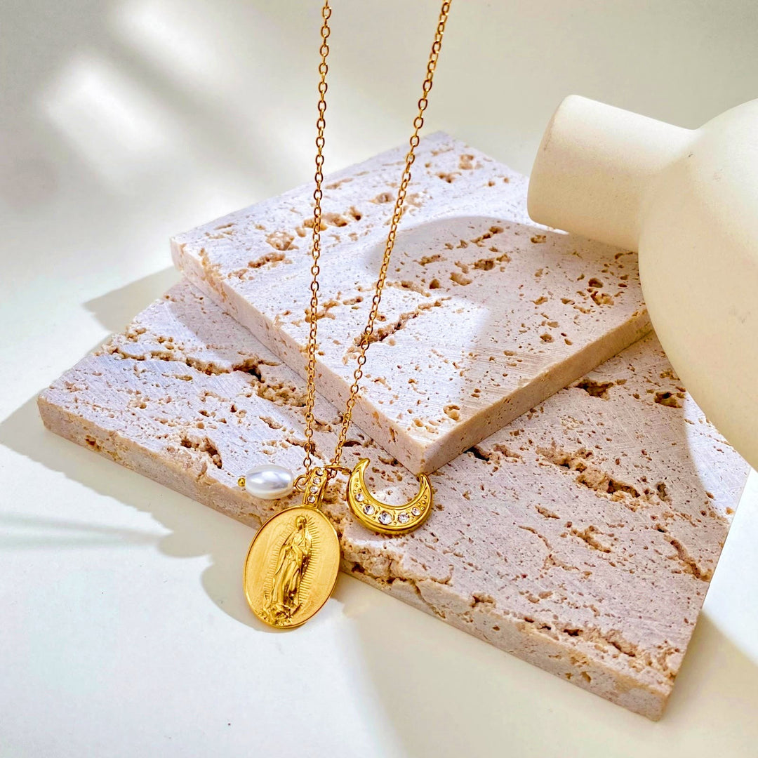 Christianartworkshop Daily‑Wear Our Lady Medal Crescent Moon Pearl Necklace: Sign of Heavenly Guardianship - Golden - image 5