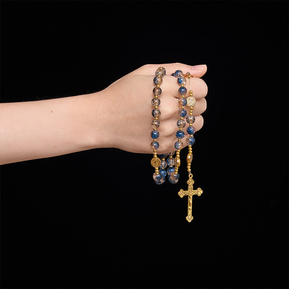 Christianartworkshop Radiant Blue-Champagne Glass‑Bead Vintage Rosary With Our Lady of Aparecida & Detailed Crucifix - image 1