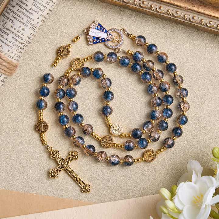 FREE Today: Radiant Blue-Champagne Glass‑Bead Vintage Rosary With Our Lady of Aparecida & Detailed Crucifix - image 2