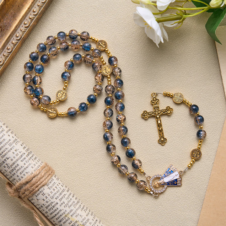 FREE Today: Radiant Blue-Champagne Glass‑Bead Vintage Rosary With Our Lady of Aparecida & Detailed Crucifix - Blue-Champagne Rosary - image 0