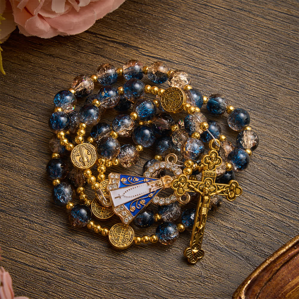 FREE Today: Radiant Blue-Champagne Glass‑Bead Vintage Rosary With Our Lady of Aparecida & Detailed Crucifix - image 5
