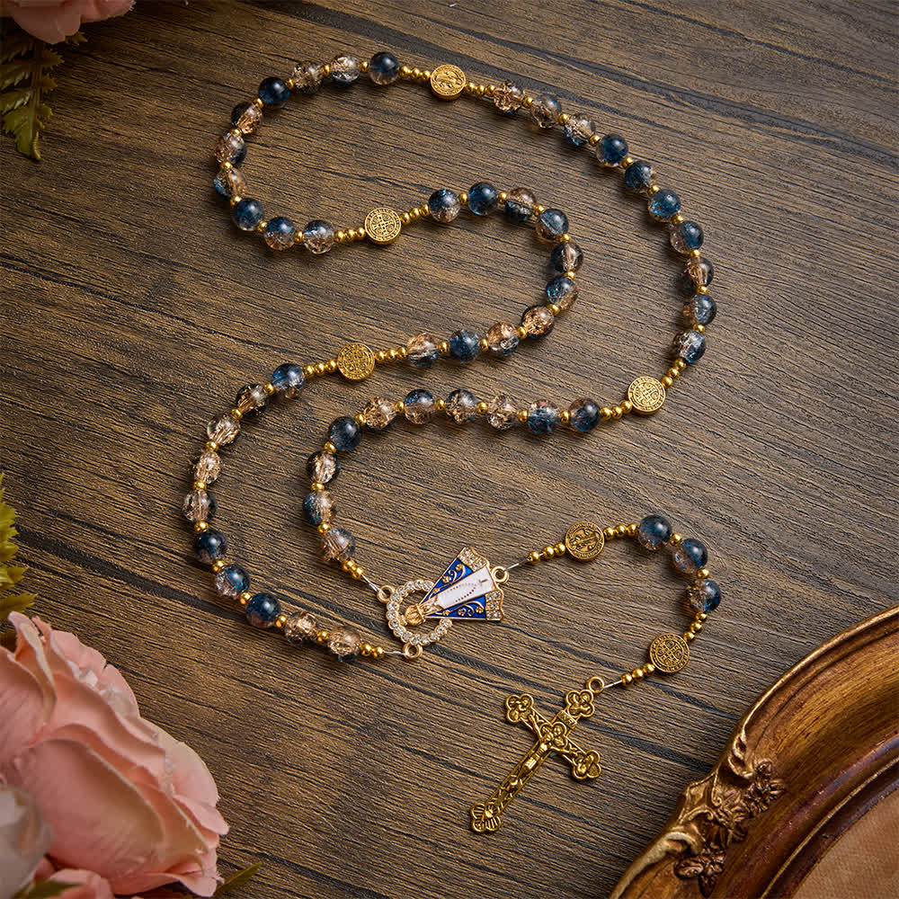 FREE Today: Radiant Blue-Champagne Glass‑Bead Vintage Rosary With Our Lady of Aparecida & Detailed Crucifix - image 4