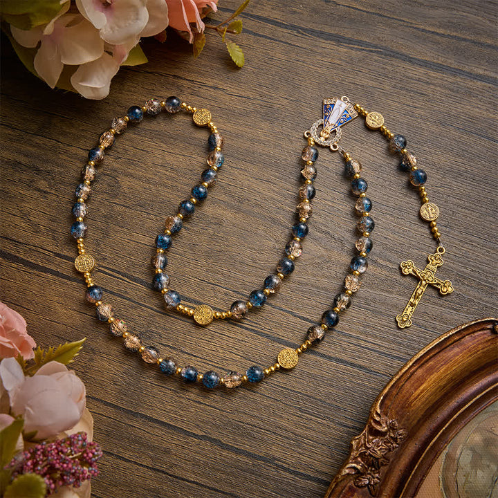 FREE Today: Radiant Blue-Champagne Glass‑Bead Vintage Rosary With Our Lady of Aparecida & Detailed Crucifix - image 3