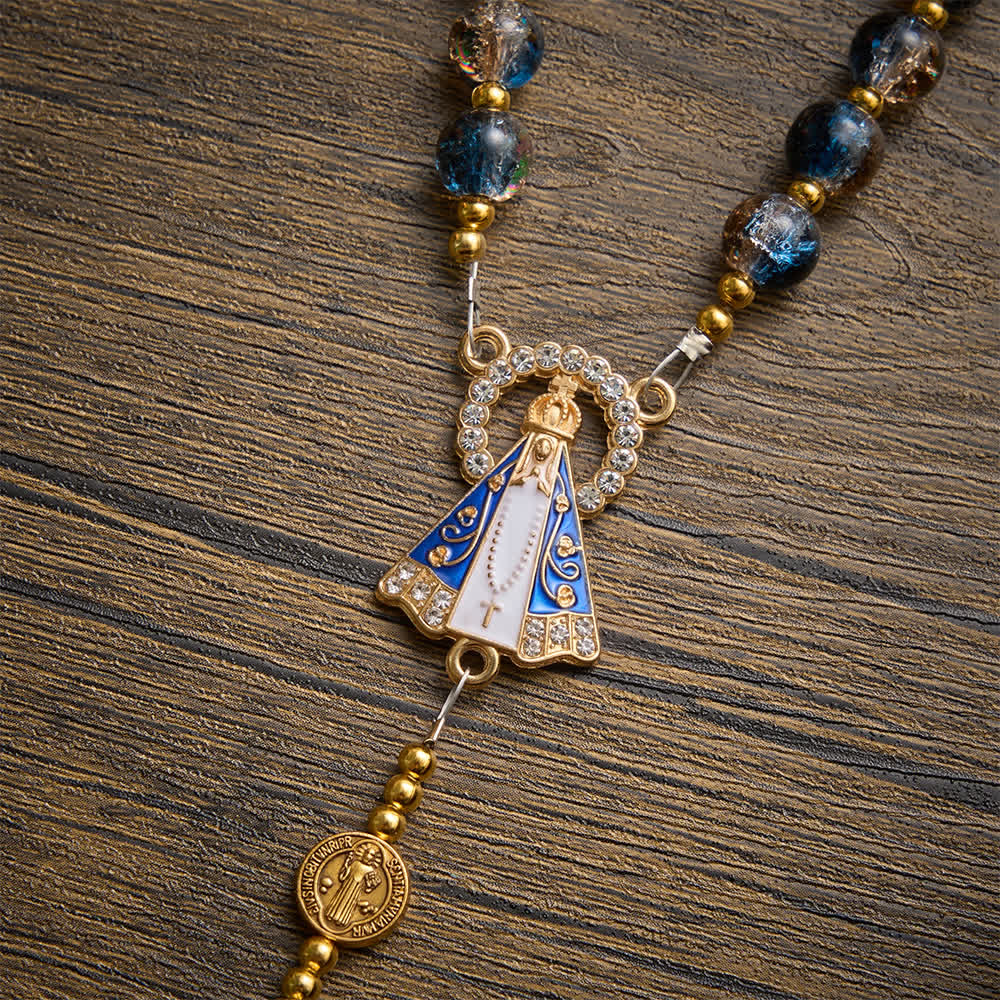 FREE Today: Radiant Blue-Champagne Glass‑Bead Vintage Rosary With Our Lady of Aparecida & Detailed Crucifix - image 7