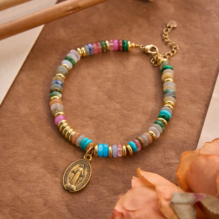 FREE Today: Natural Stone Disc‑Bead Our Lady Bracelet: Emblem of Gentle Heavenly Intercession - Colored Gemstone - image 1