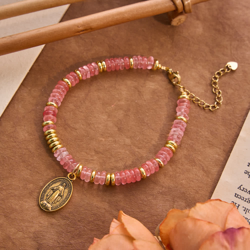FREE Today: Natural Stone Disc‑Bead Our Lady Bracelet: Emblem of Gentle Heavenly Intercession - Cherry Crystal - image 2