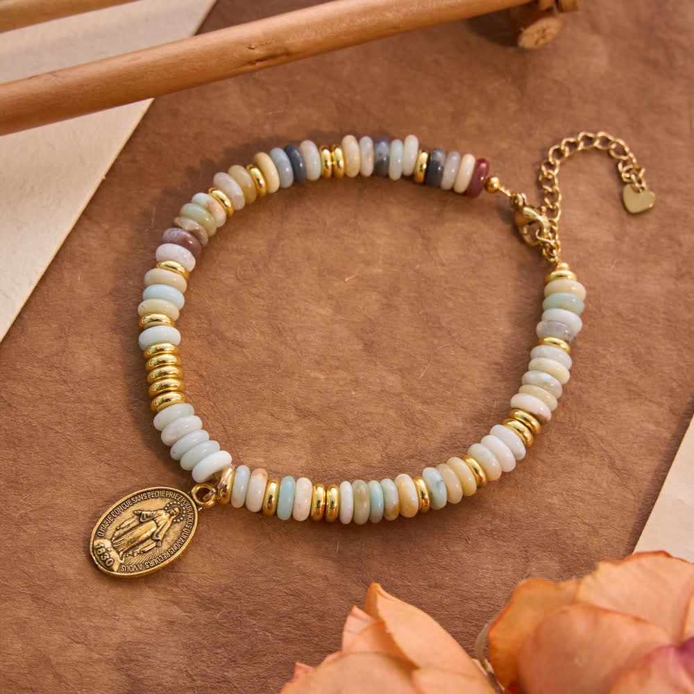 Christianartworkshop Natural Stone Disc‑Bead Our Lady Bracelet: Emblem of Gentle Heavenly Intercession - Amazon Stone - image 4