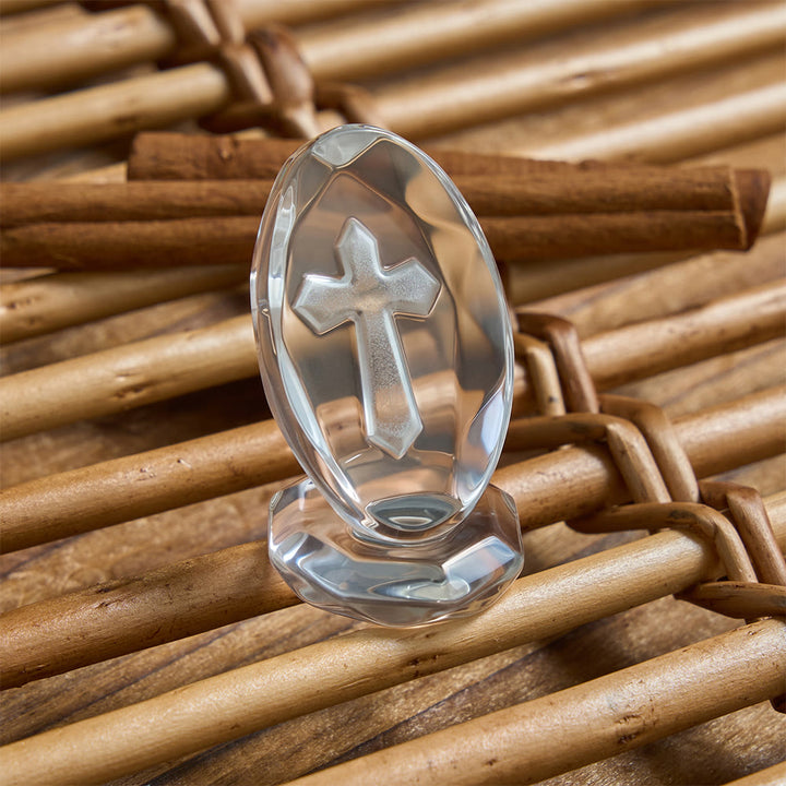 Christianartworkshop Polished Oval Crystal Tabletop Ornament With Engraved Cross Motif - Cross - image 0