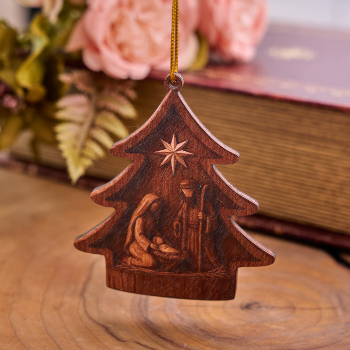 Christianartworkshop Tree‑Shaped Wooden Hanging Ornament With Holy Family Nativity Scene - image 5