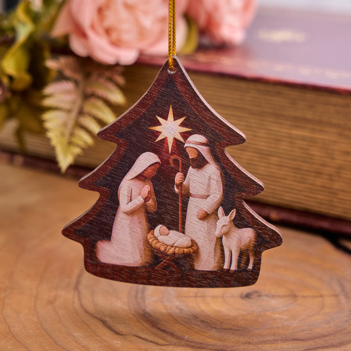 Christianartworkshop Tree‑Shaped Wooden Hanging Ornament With Holy Family Nativity Scene - image 2