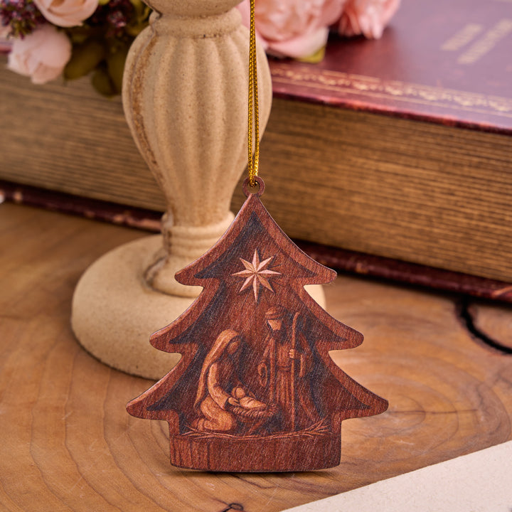 Christianartworkshop Tree‑Shaped Wooden Hanging Ornament With Holy Family Nativity Scene - Brown - image 4