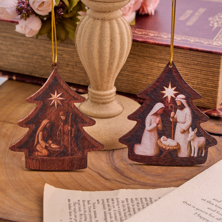 Christianartworkshop Tree‑Shaped Wooden Hanging Ornament With Holy Family Nativity Scene - image 0
