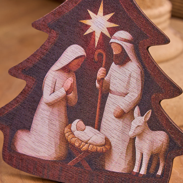 Christianartworkshop Tree‑Shaped Wooden Hanging Ornament With Holy Family Nativity Scene - image 3