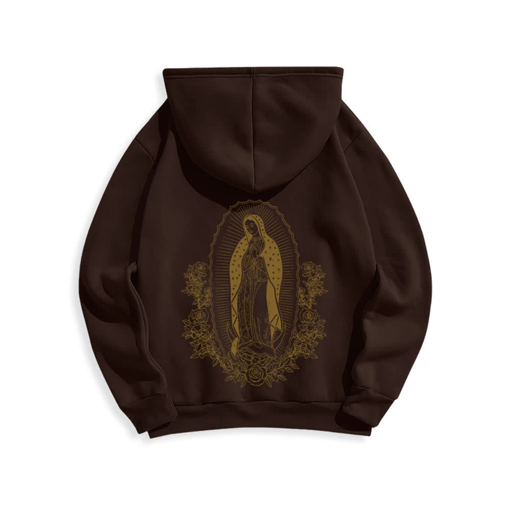 Christianartworkshop Virgin Mary Floral Halo Streetwear Pullover Hoodie - Brown - 2XL - image 6