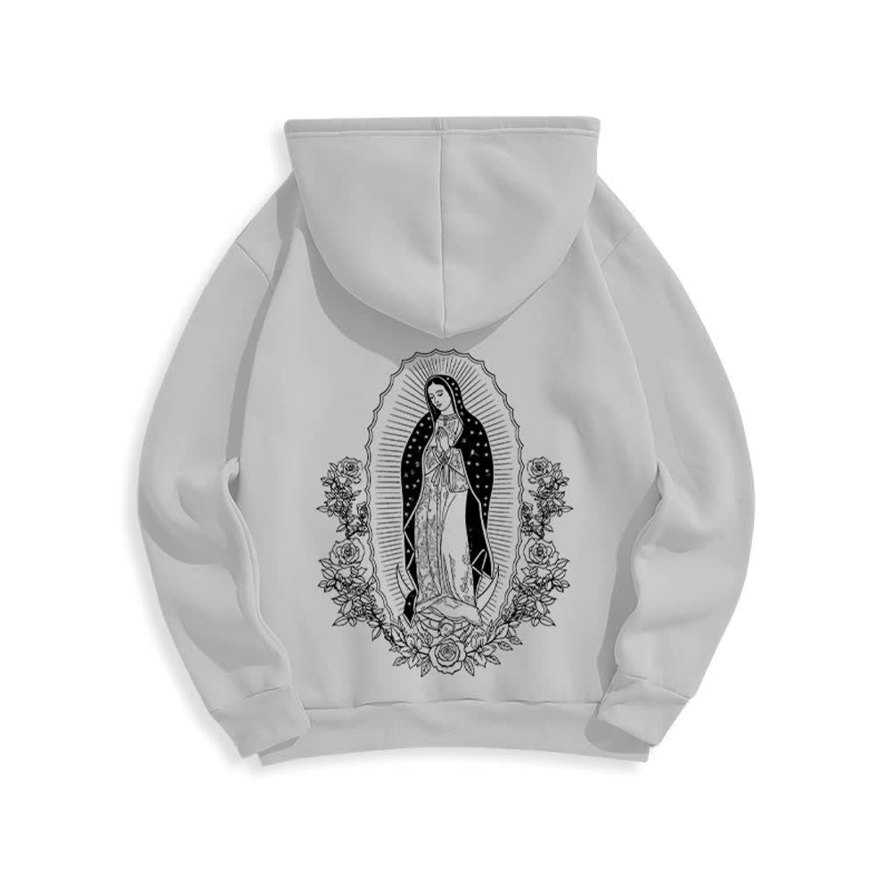 Christianartworkshop Virgin Mary Floral Halo Streetwear Pullover Hoodie - Grey - 2XL - image 3