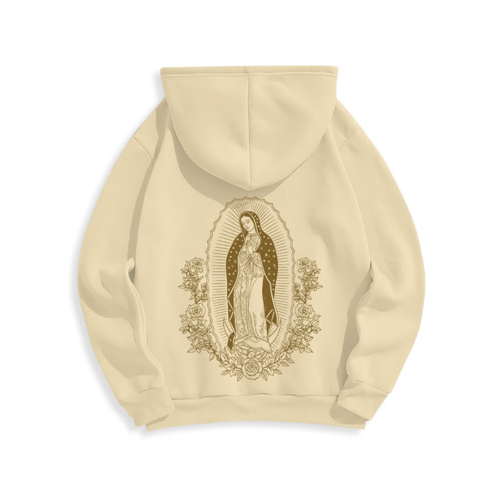 Christianartworkshop Virgin Mary Floral Halo Streetwear Pullover Hoodie - Beige - 2XL - image 4